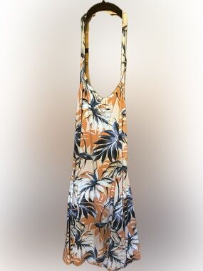 VENUS Orange Floral Halter Style Dress with Navy, Orange, Peach,and White Leaves